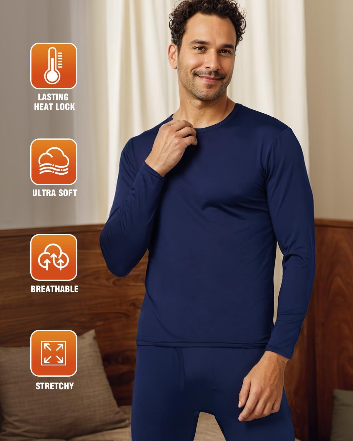 imageCL convallaria Long Johns Thermal Underwear for Men Soft Fleece Lined Base Layer Cold Weather Top Bottom Gift SetHeavyweightcrew Neckblue