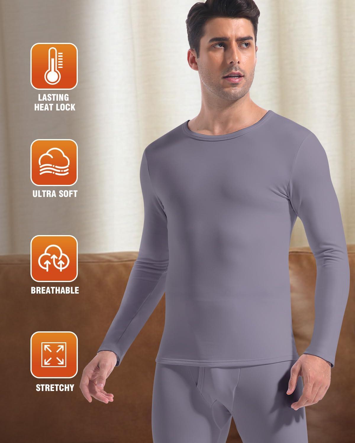 imageCL convallaria Long Johns Thermal Underwear for Men Soft Fleece Lined Base Layer Cold Weather Top Bottom Gift SetHeavyweightcrew Neckgrey