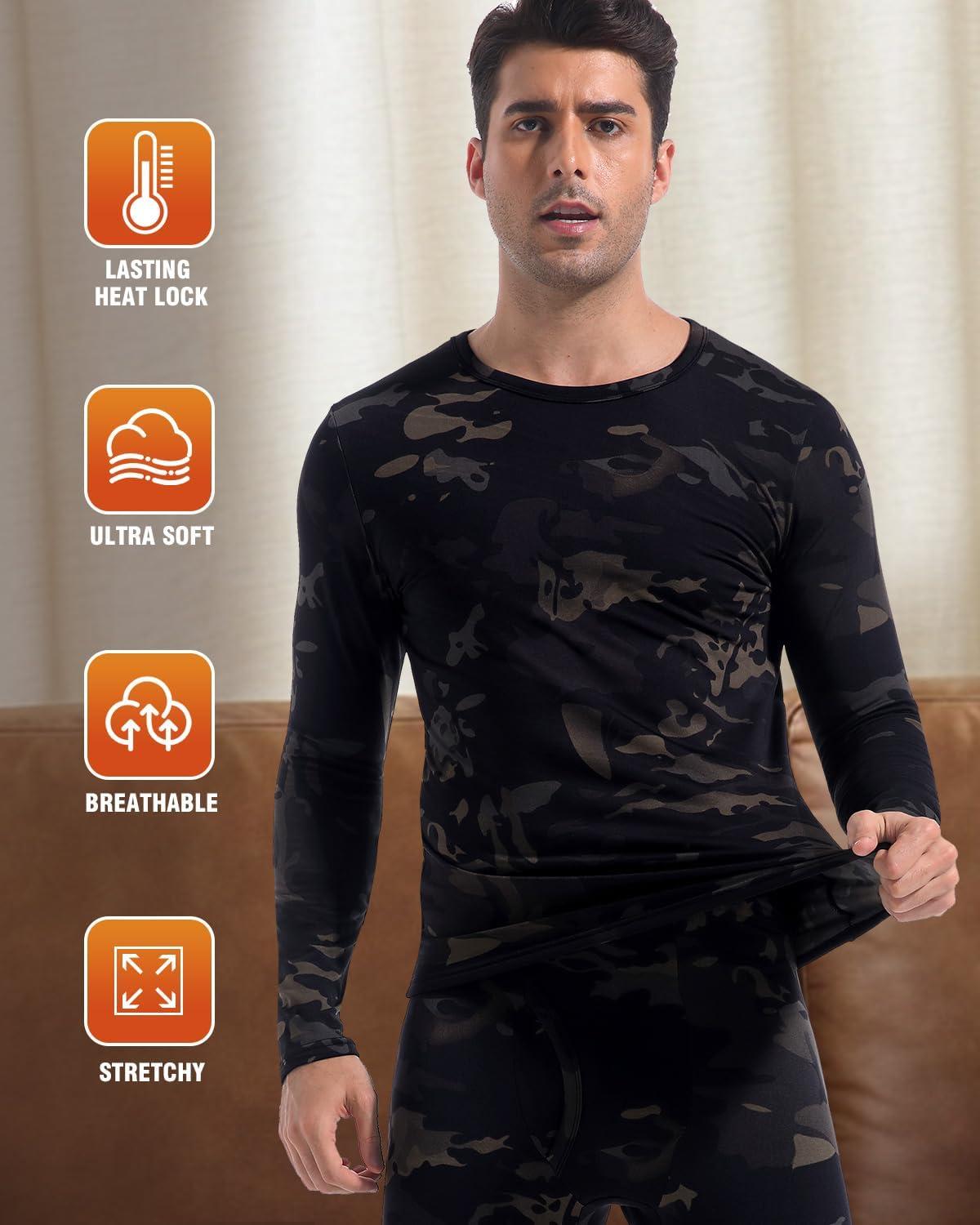 imageCL convallaria Long Johns Thermal Underwear for Men Soft Fleece Lined Base Layer Cold Weather Top Bottom Gift SetMidweightcrew Neckcamo Black