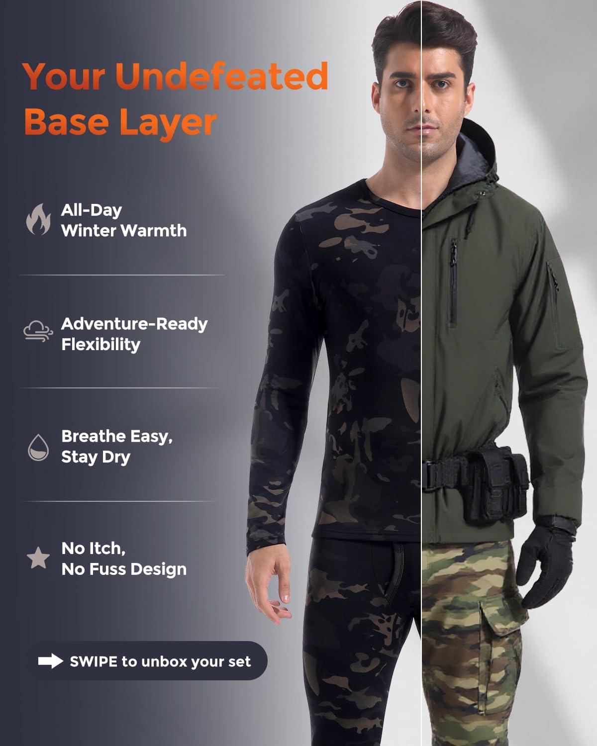imageCL convallaria Long Johns Thermal Underwear for Men Soft Fleece Lined Base Layer Cold Weather Top Bottom Gift SetMidweightcrew Neckcamo Black