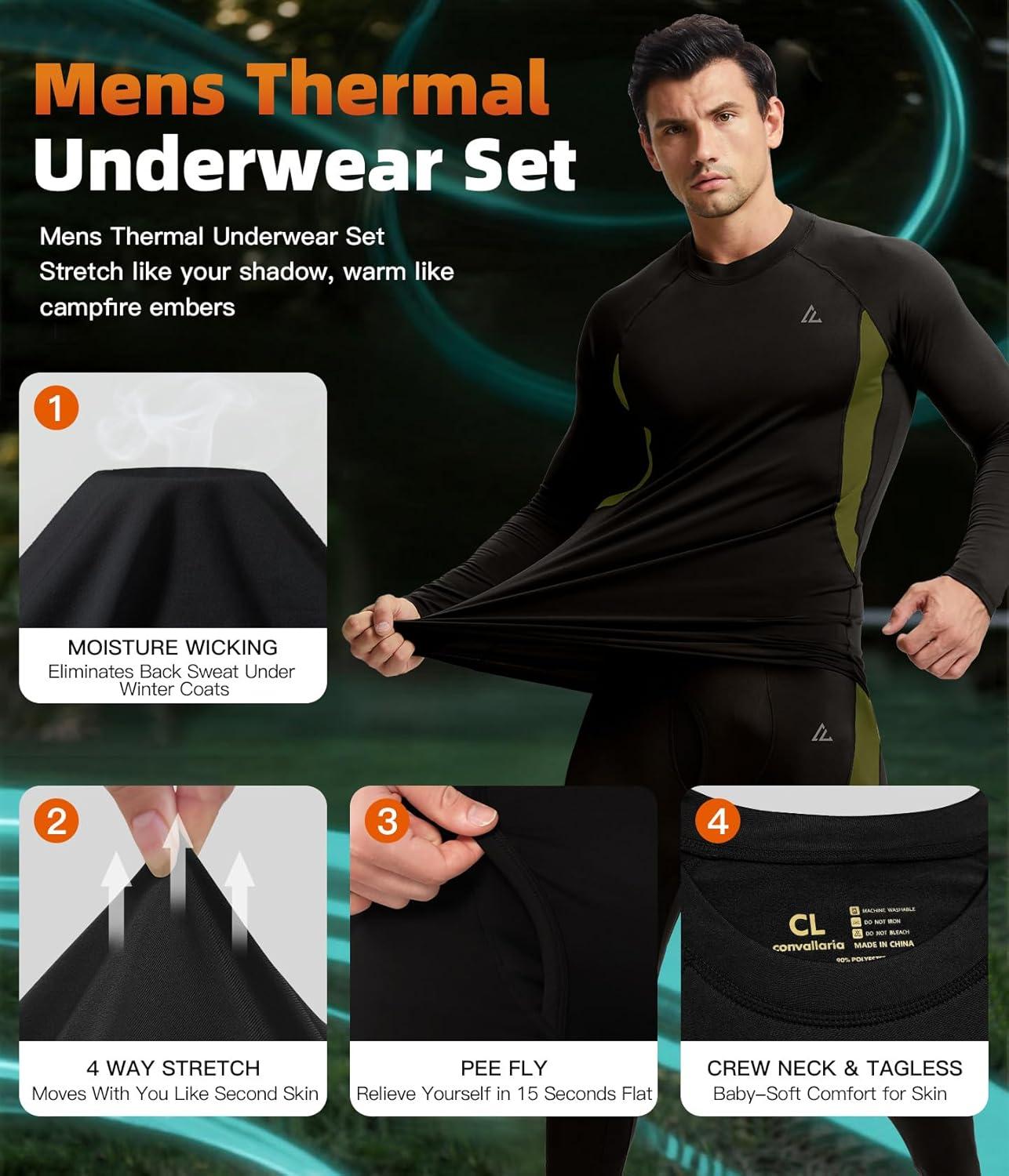 imageCL convallaria Mens Thermal Underwear Set with Fly Long Johns Base Layer Winter Hunting Gear Sport Top and BottomAblack