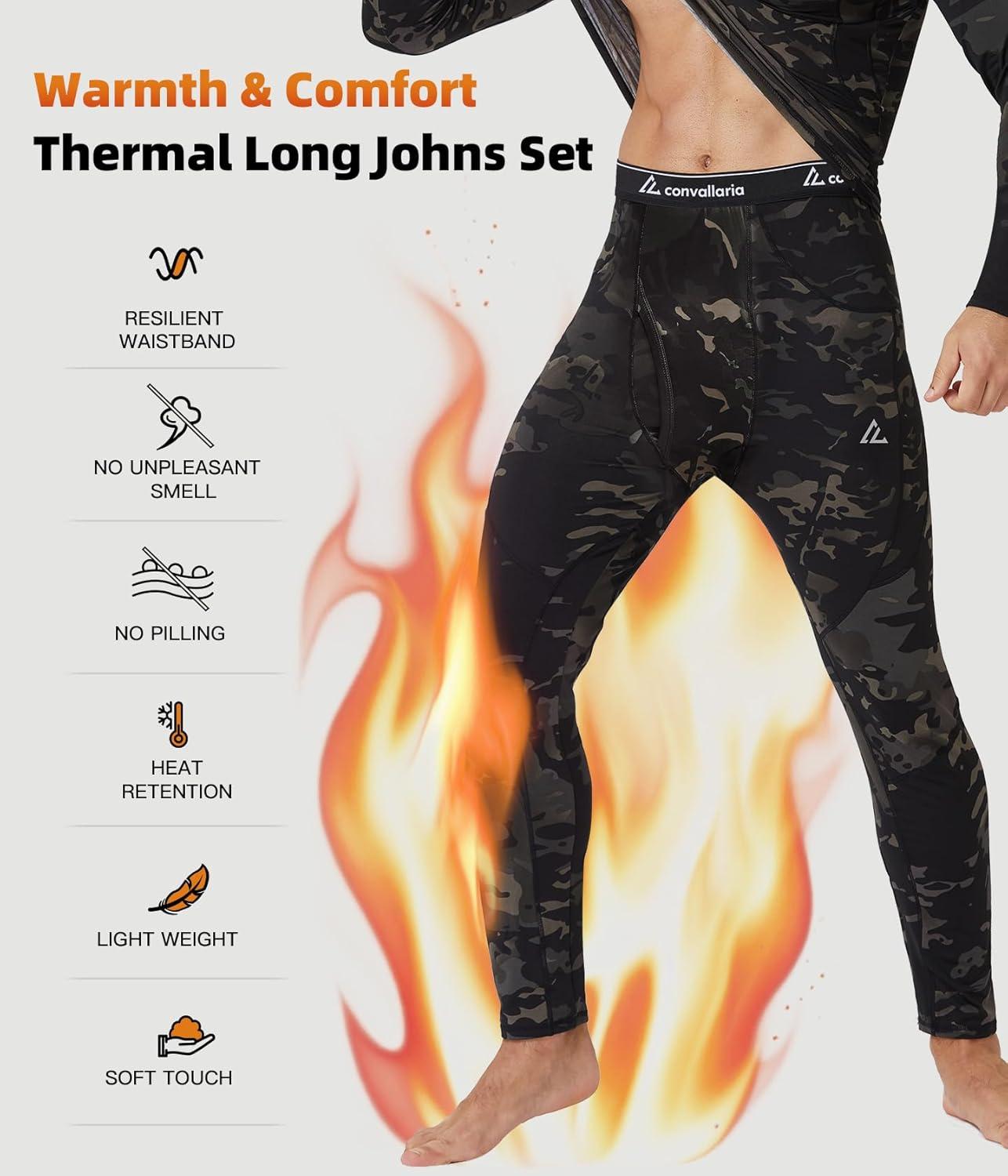 imageCL convallaria Mens Thermal Underwear Set with Fly Long Johns Base Layer Winter Hunting Gear Sport Top and BottomAcamo Black