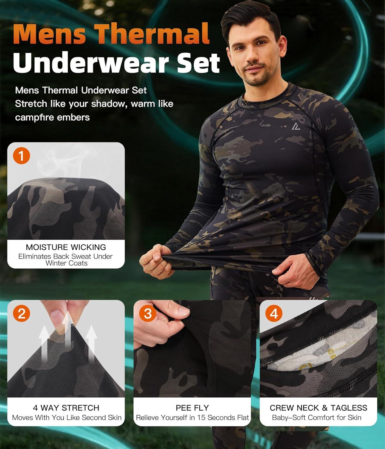 imageCL convallaria Mens Thermal Underwear Set with Fly Long Johns Base Layer Winter Hunting Gear Sport Top and BottomAcamo Black