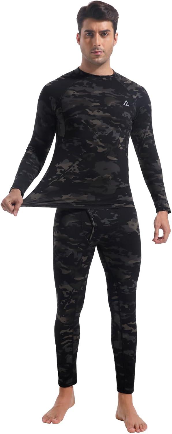 imageCL convallaria Mens Thermal Underwear Set with Fly Long Johns Base Layer Winter Hunting Gear Sport Top and BottomAcamo Black