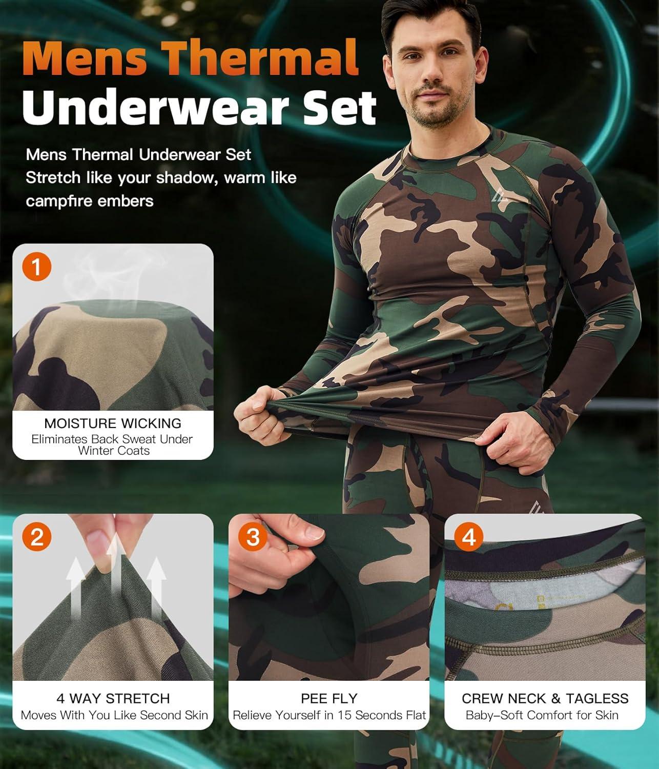 imageCL convallaria Mens Thermal Underwear Set with Fly Long Johns Base Layer Winter Hunting Gear Sport Top and BottomAcamo Green