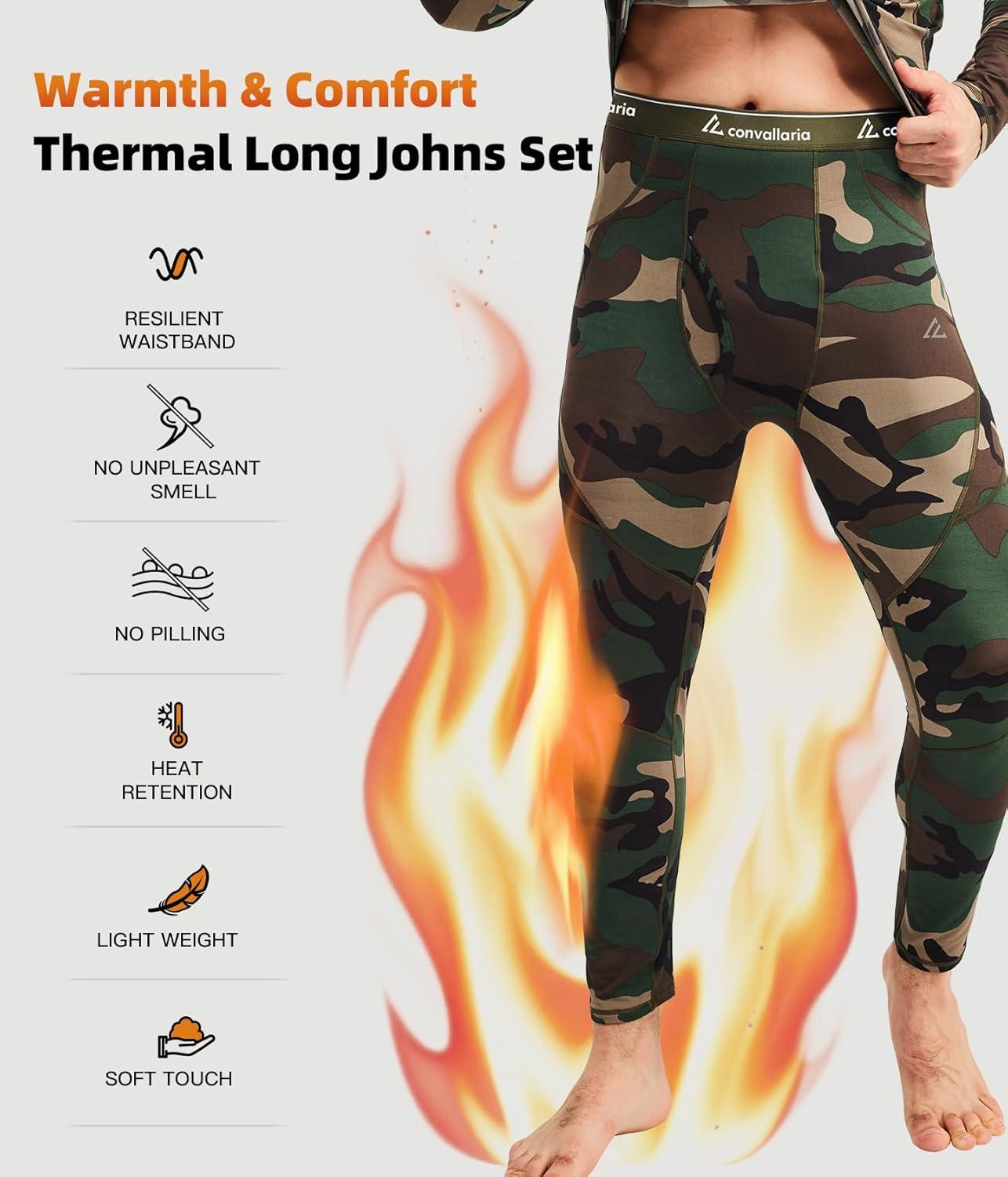 imageCL convallaria Mens Thermal Underwear Set with Fly Long Johns Base Layer Winter Hunting Gear Sport Top and BottomAcamo Green