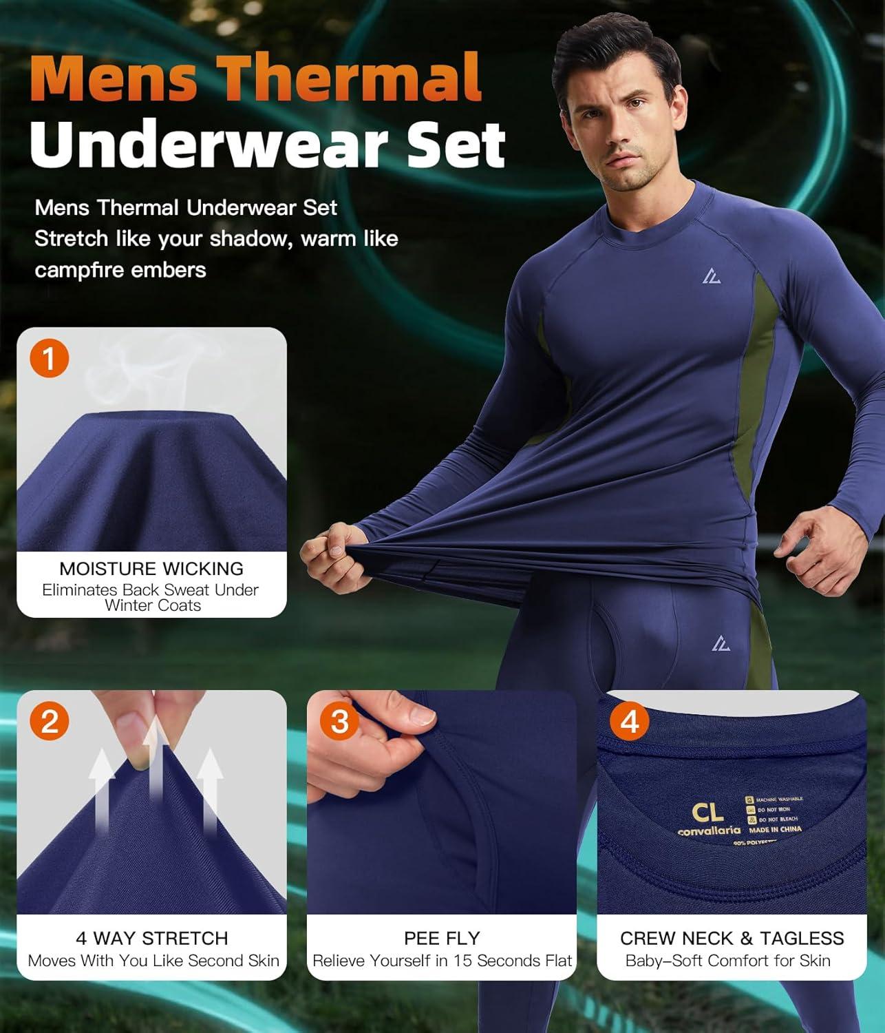 imageCL convallaria Mens Thermal Underwear Set with Fly Long Johns Base Layer Winter Hunting Gear Sport Top and BottomAnavy Blue