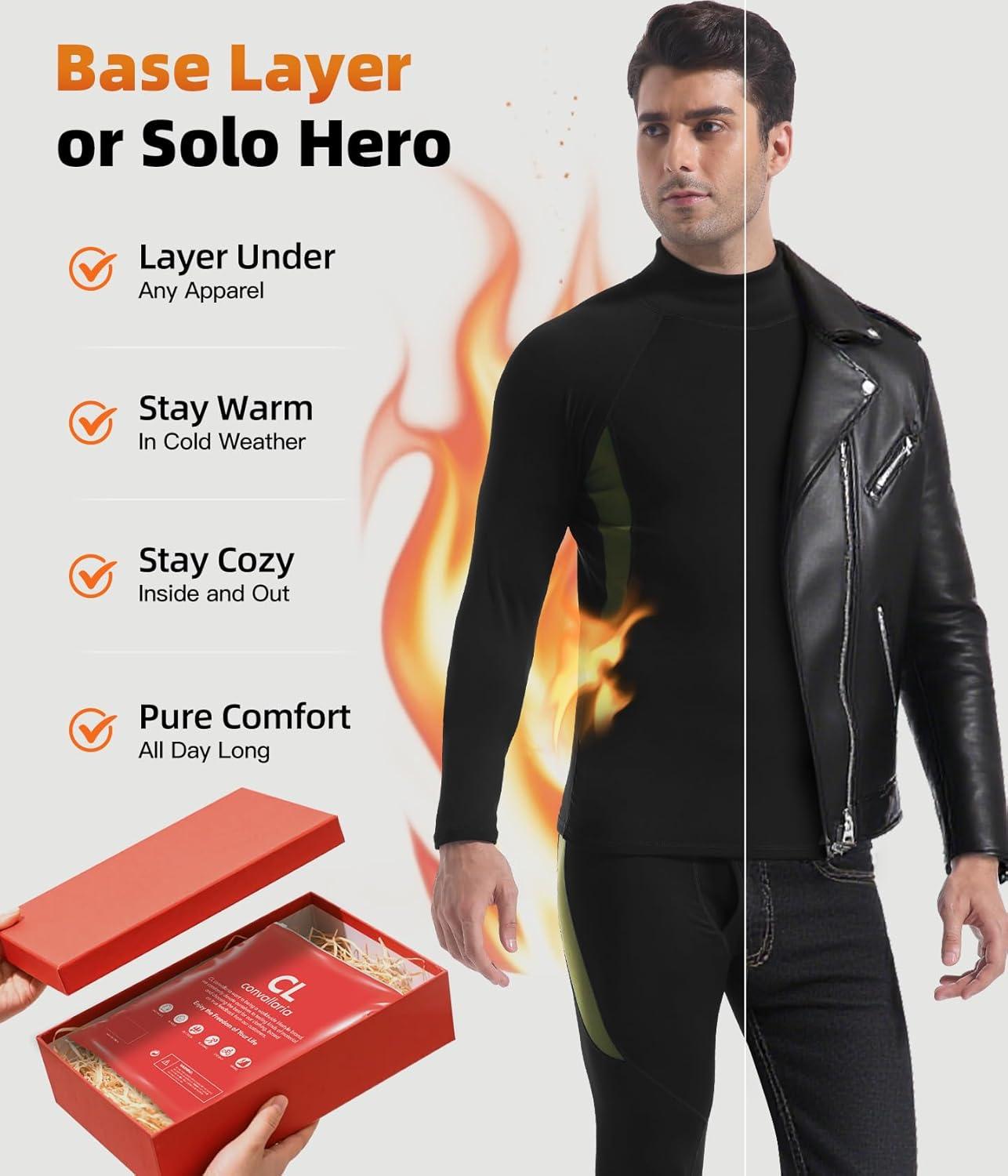 imageCL convallaria Mens Thermal Underwear Set with Fly Long Johns Base Layer Winter Hunting Gear Sport Top and BottomBblack