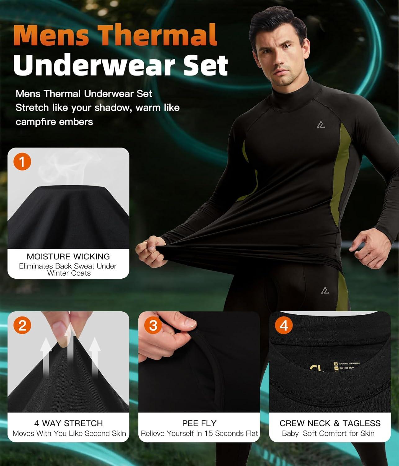 imageCL convallaria Mens Thermal Underwear Set with Fly Long Johns Base Layer Winter Hunting Gear Sport Top and BottomBblack