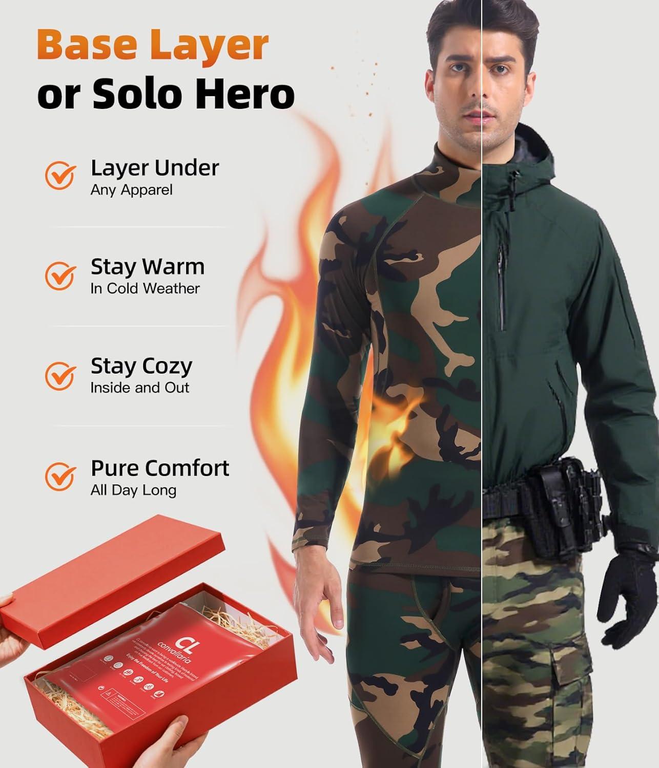 imageCL convallaria Mens Thermal Underwear Set with Fly Long Johns Base Layer Winter Hunting Gear Sport Top and BottomBcamo Green