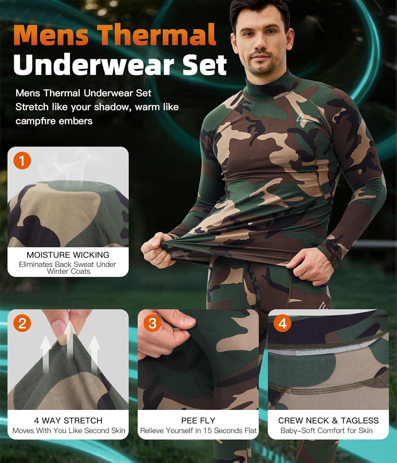 imageCL convallaria Mens Thermal Underwear Set with Fly Long Johns Base Layer Winter Hunting Gear Sport Top and BottomBcamo Green