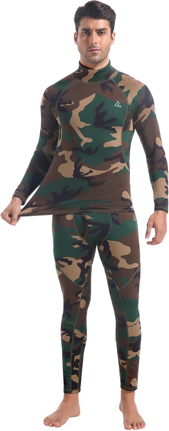 imageCL convallaria Mens Thermal Underwear Set with Fly Long Johns Base Layer Winter Hunting Gear Sport Top and BottomBcamo Green