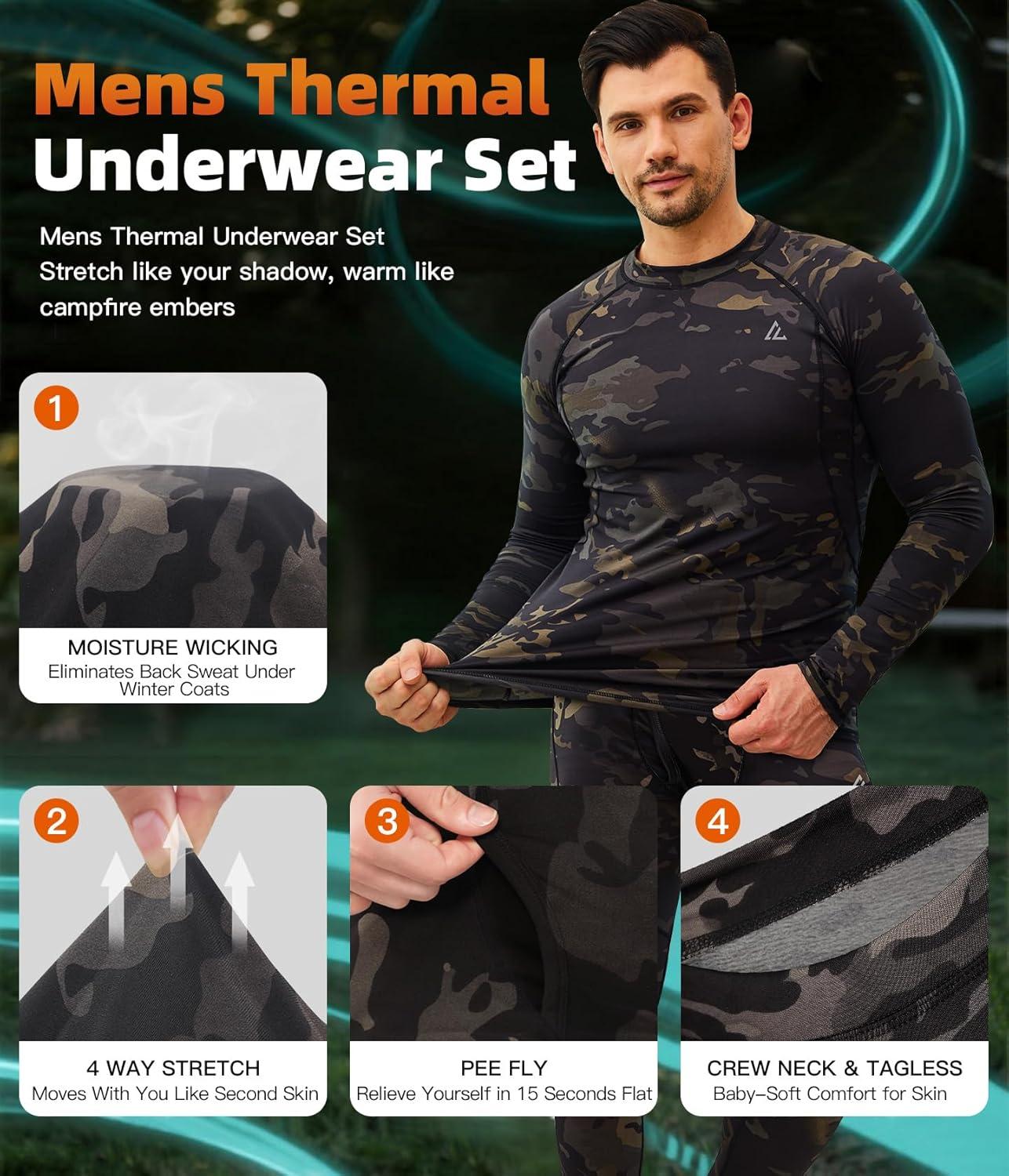 imageCL convallaria Mens Thermal Underwear Set with Fly Long Johns Base Layer Winter Hunting Gear Sport Top and BottomCcamo Black