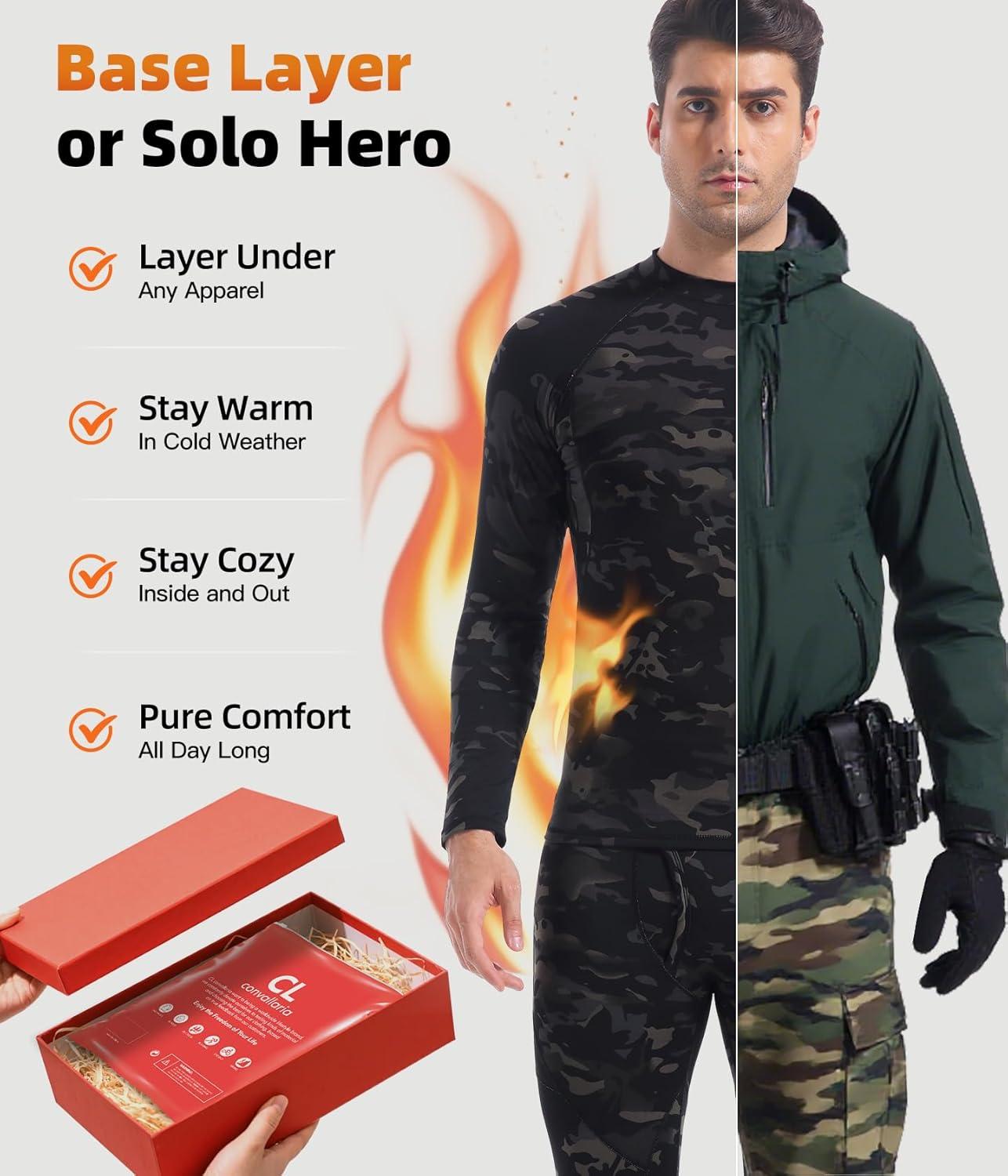 imageCL convallaria Mens Thermal Underwear Set with Fly Long Johns Base Layer Winter Hunting Gear Sport Top and BottomCcamo Black