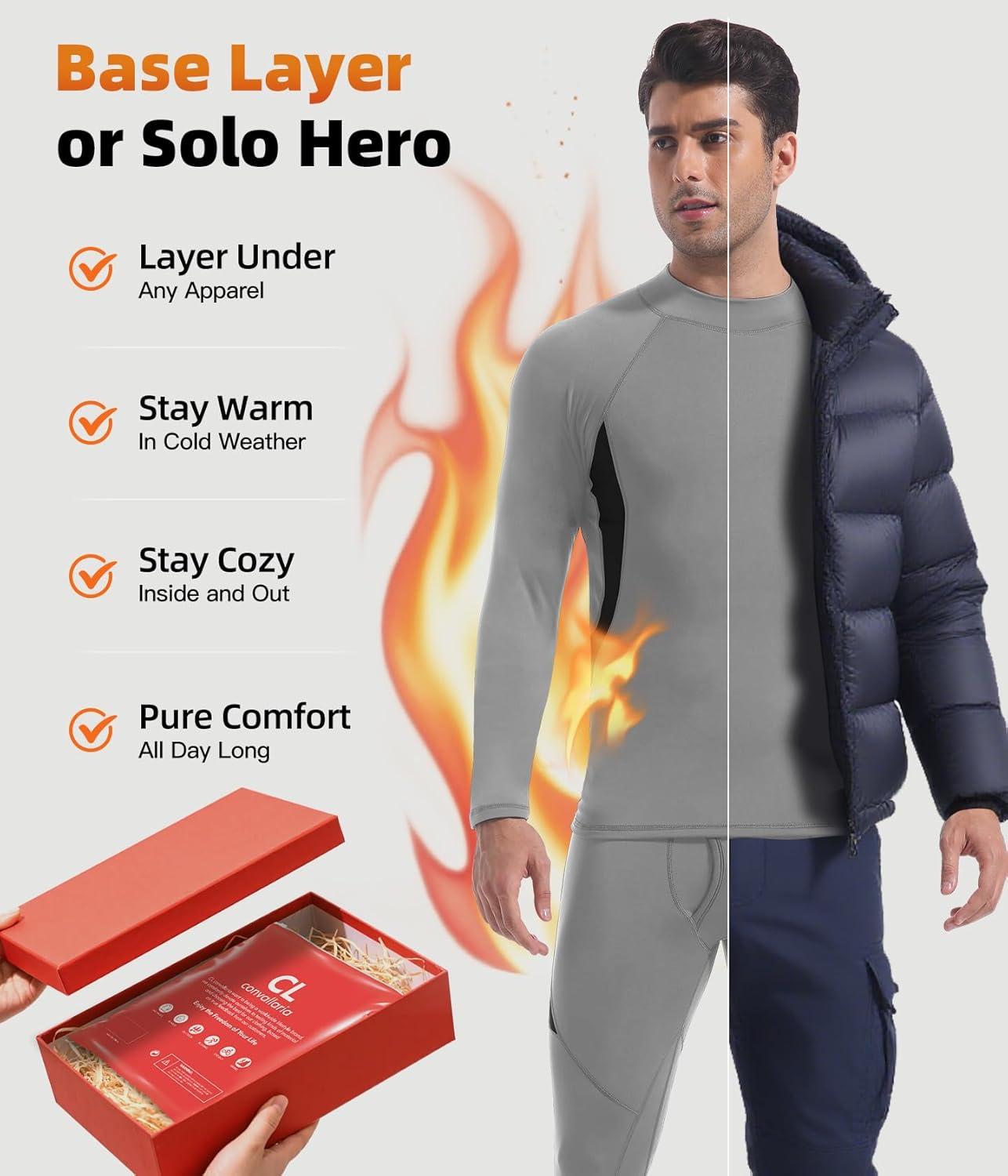 imageCL convallaria Mens Thermal Underwear Set with Fly Long Johns Base Layer Winter Hunting Gear Sport Top and BottomCgrey