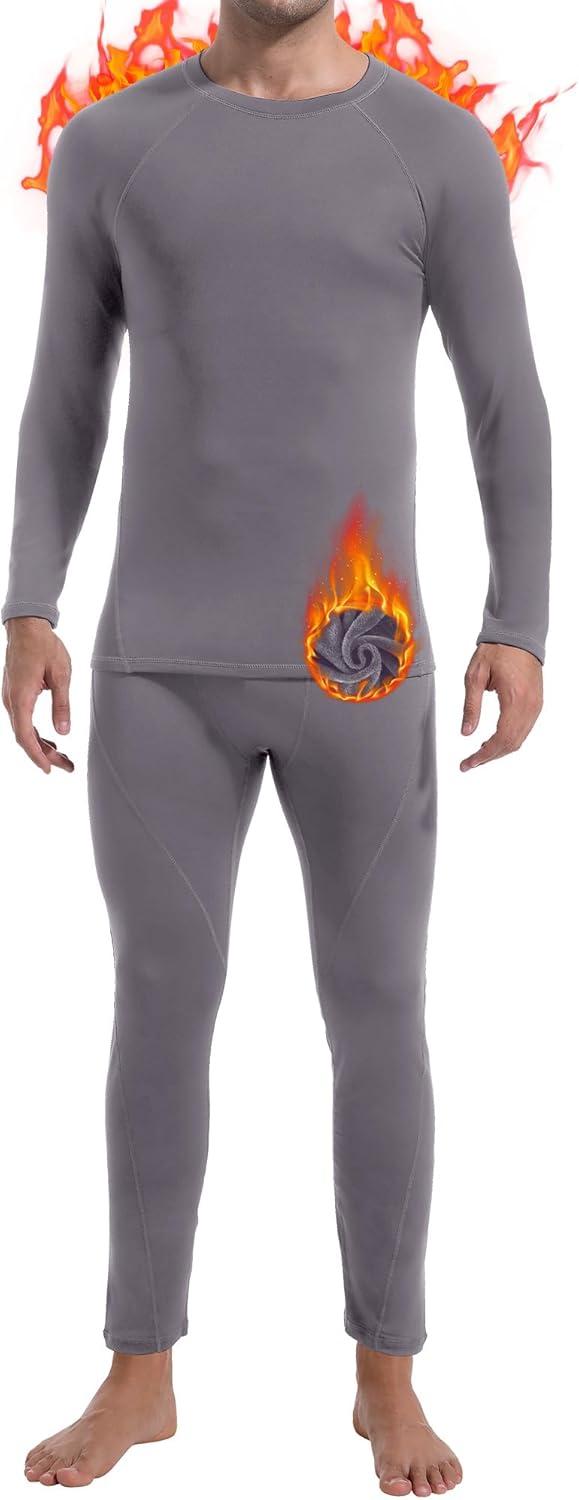 imageCL convallaria Thermal Underwear for Men Long Johns Fleece Lined Hunting Gear Set Base Layer for Cold Weather XS4XLHeavyweightcrew Neckgrey