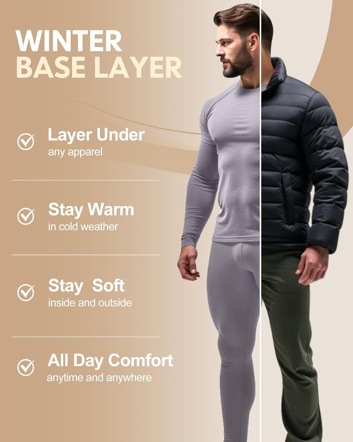 imageCL convallaria Thermal Underwear for Men Long Johns Fleece Lined Hunting Gear Set Base Layer for Cold Weather XS4XLHeavyweightcrew Neckgrey