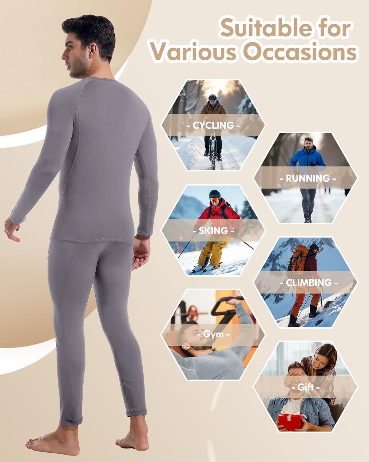 imageCL convallaria Thermal Underwear for Men Long Johns Fleece Lined Hunting Gear Set Base Layer for Cold Weather XS4XLHeavyweightcrew Neckgrey