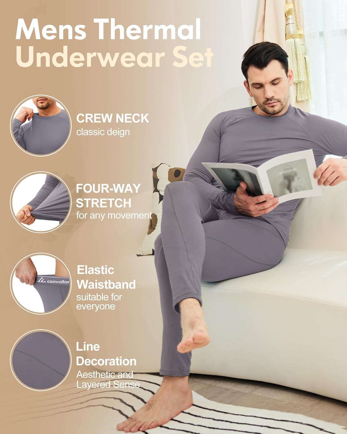 imageCL convallaria Thermal Underwear for Men Long Johns Fleece Lined Hunting Gear Set Base Layer for Cold Weather XS4XLHeavyweightcrew Neckgrey