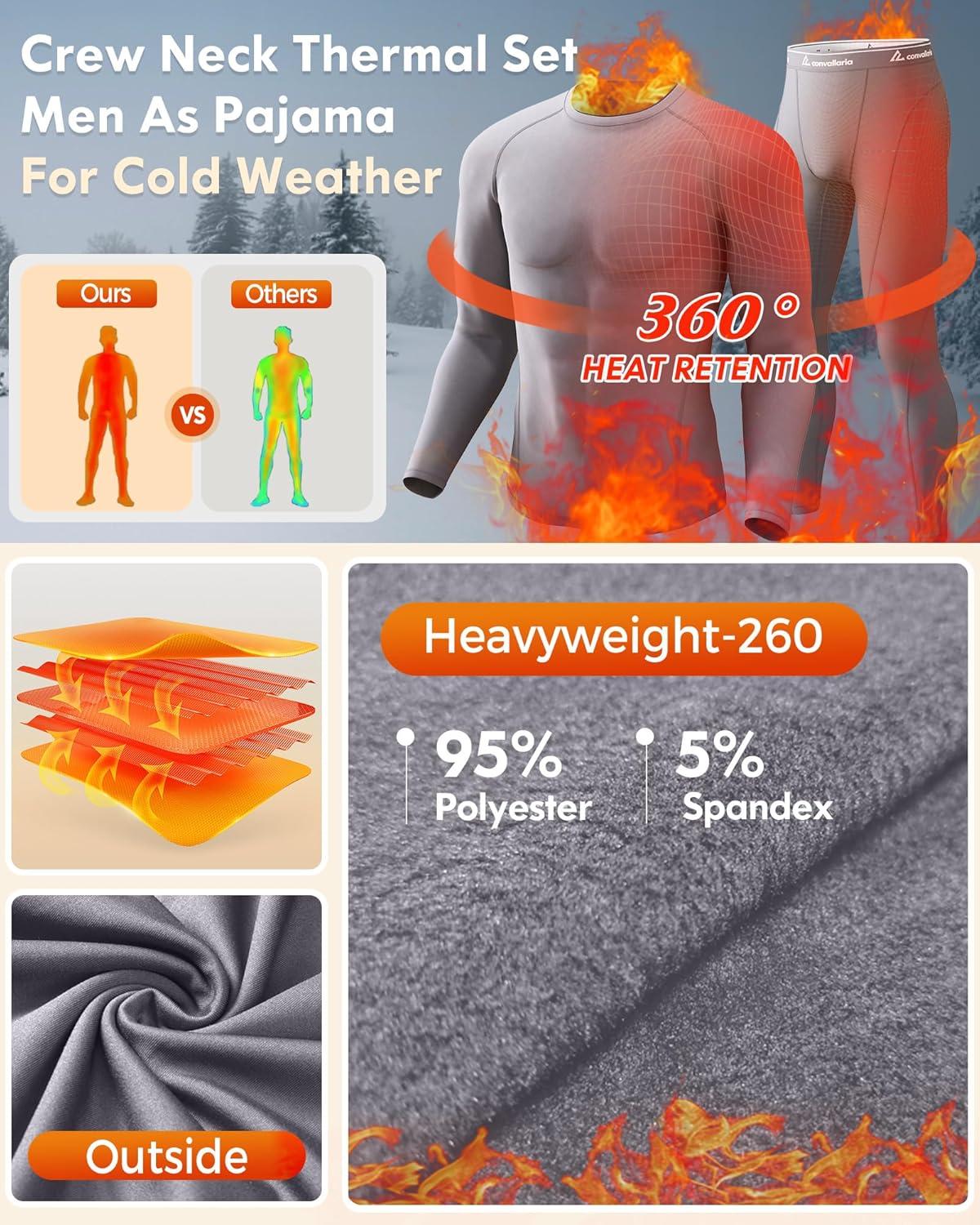 imageCL convallaria Thermal Underwear for Men Long Johns Fleece Lined Hunting Gear Set Base Layer for Cold Weather XS4XLHeavyweightcrew Neckgrey