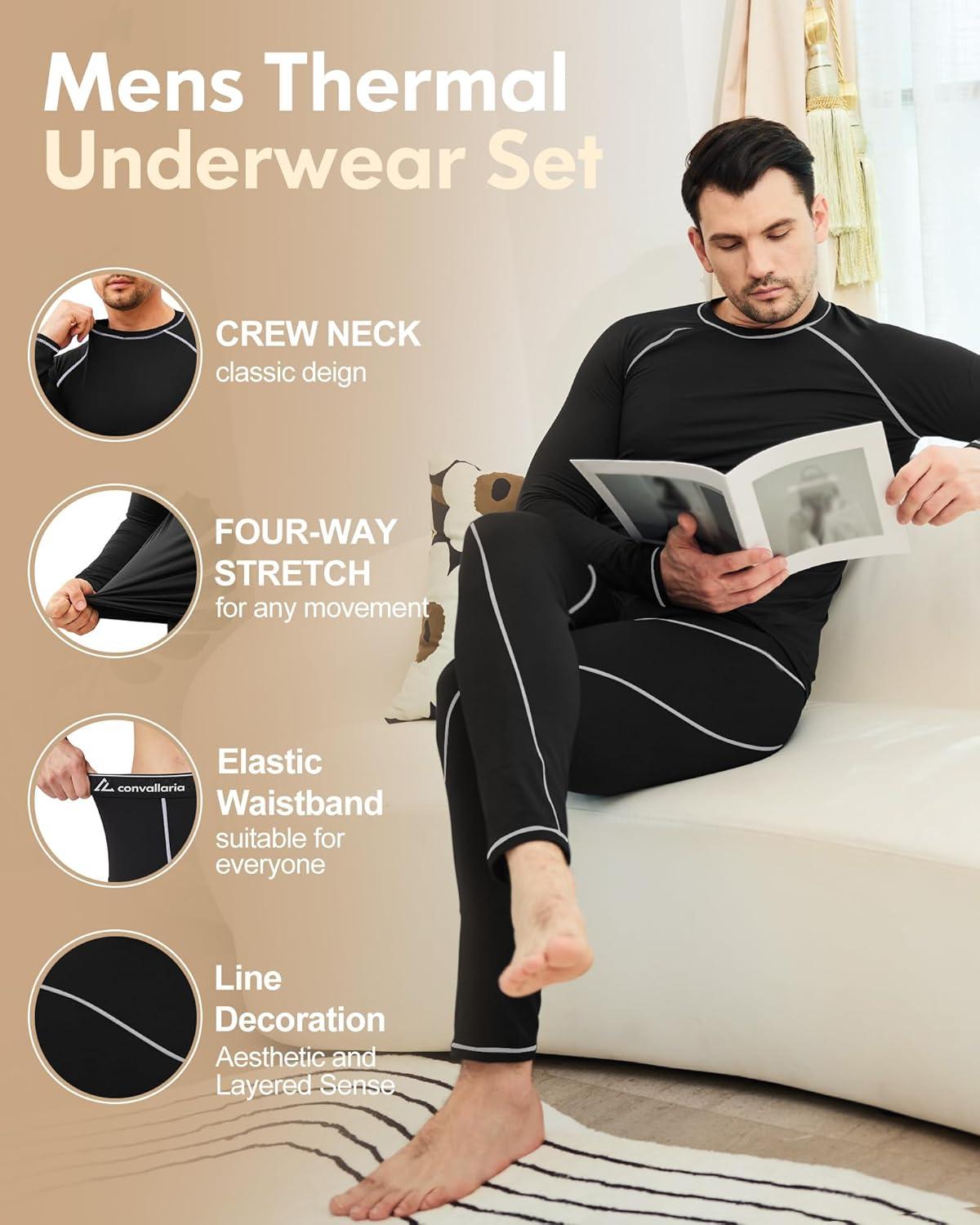imageCL convallaria Thermal Underwear for Men Long Johns Fleece Lined Hunting Gear Set Base Layer for Cold Weather XS4XLMidweightcrew Neckblackwhite
