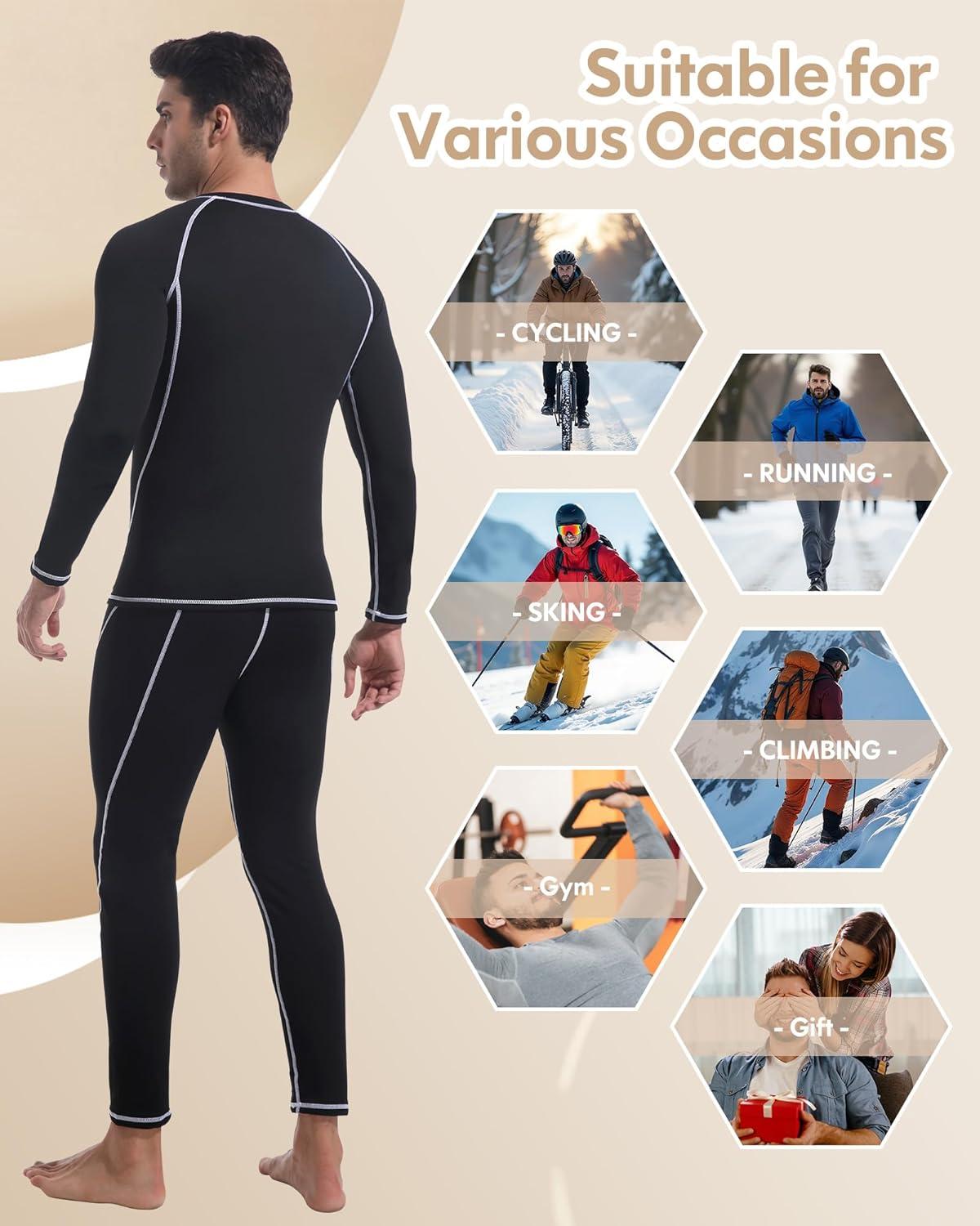 imageCL convallaria Thermal Underwear for Men Long Johns Fleece Lined Hunting Gear Set Base Layer for Cold Weather XS4XLMidweightcrew Neckblackwhite