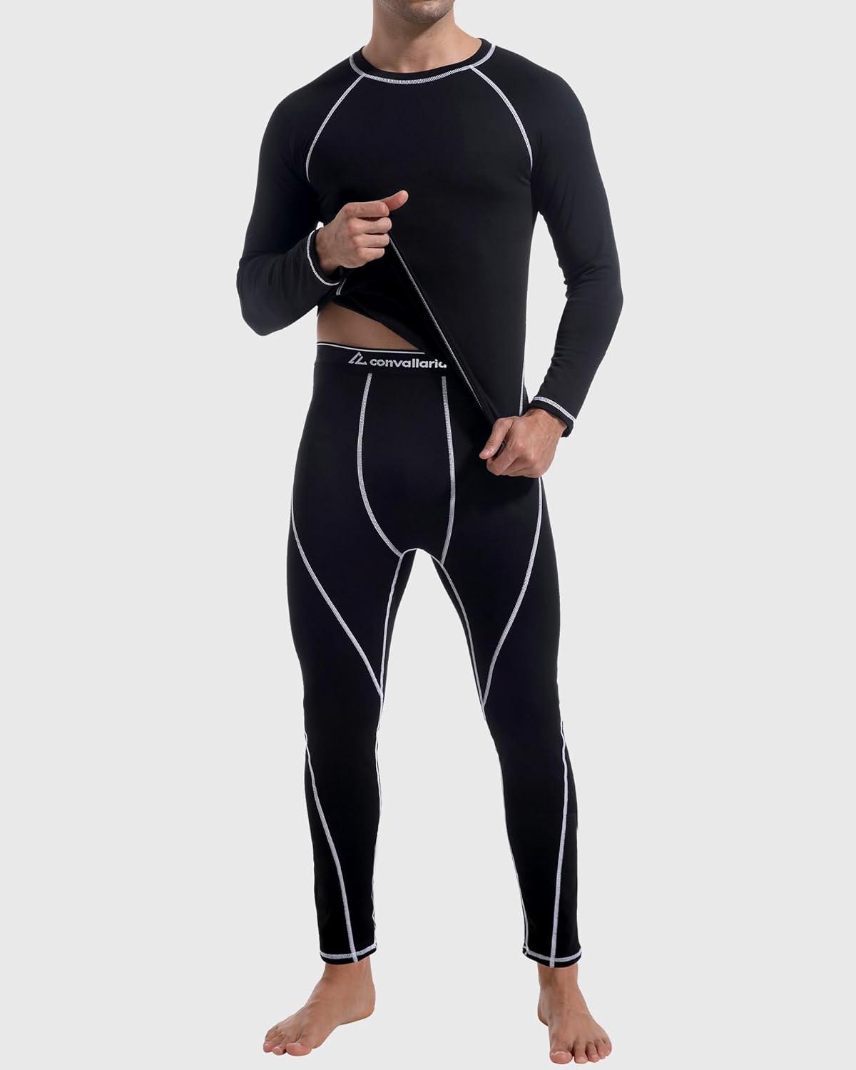 imageCL convallaria Thermal Underwear for Men Long Johns Fleece Lined Hunting Gear Set Base Layer for Cold Weather XS4XLMidweightcrew Neckblackwhite