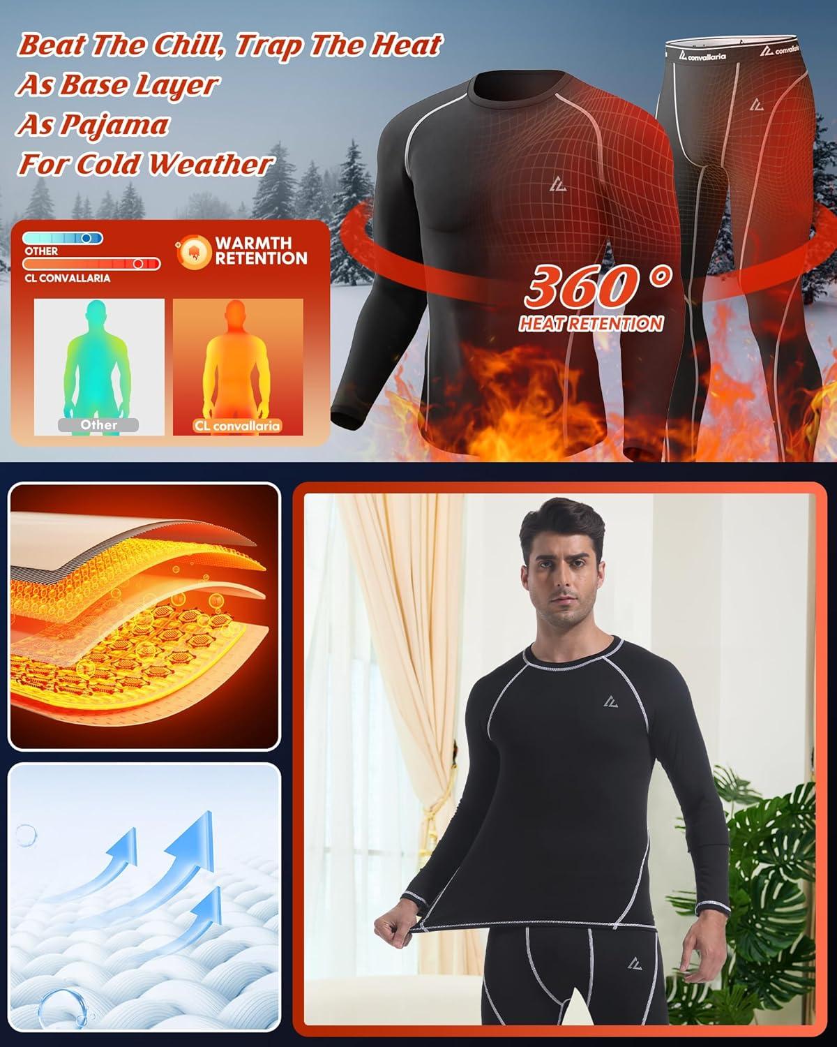 imageCL convallaria Thermal Underwear for Men Long Johns Fleece Lined Hunting Gear Set Base Layer for Cold Weather XS4XLMidweightcrew Neckblackwhite