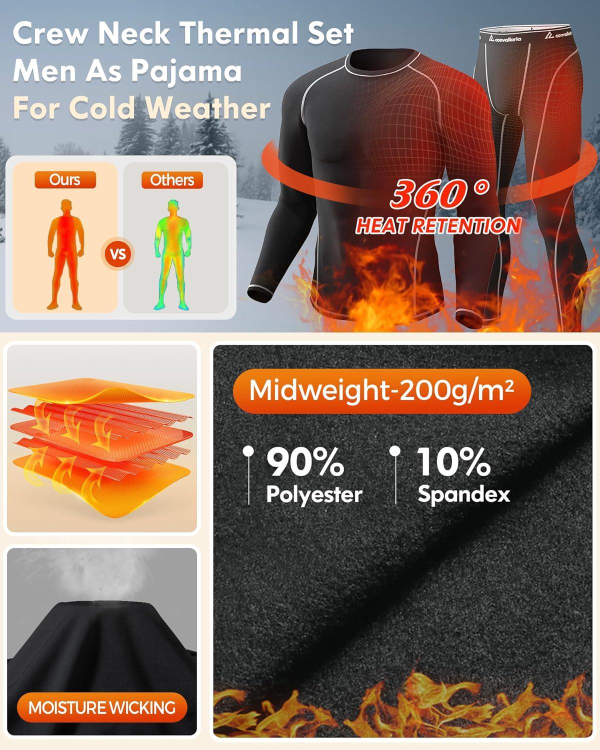 imageCL convallaria Thermal Underwear for Men Long Johns Fleece Lined Hunting Gear Set Base Layer for Cold Weather XS4XLMidweightcrew Neckblackwhite