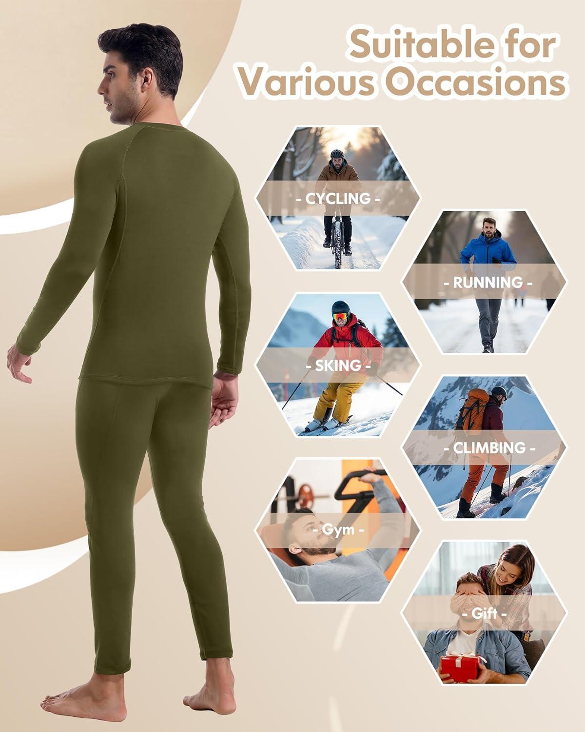 imageCL convallaria Thermal Underwear for Men Long Johns Fleece Lined Hunting Gear Set Base Layer for Cold Weather XS4XLMidweightcrew Neckgreen