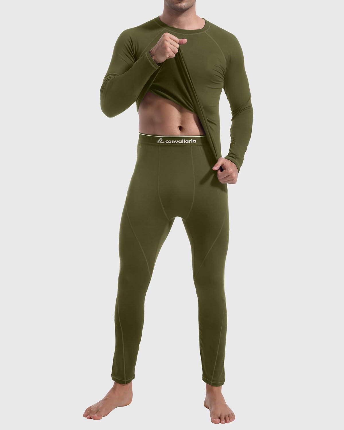 imageCL convallaria Thermal Underwear for Men Long Johns Fleece Lined Hunting Gear Set Base Layer for Cold Weather XS4XLMidweightcrew Neckgreen