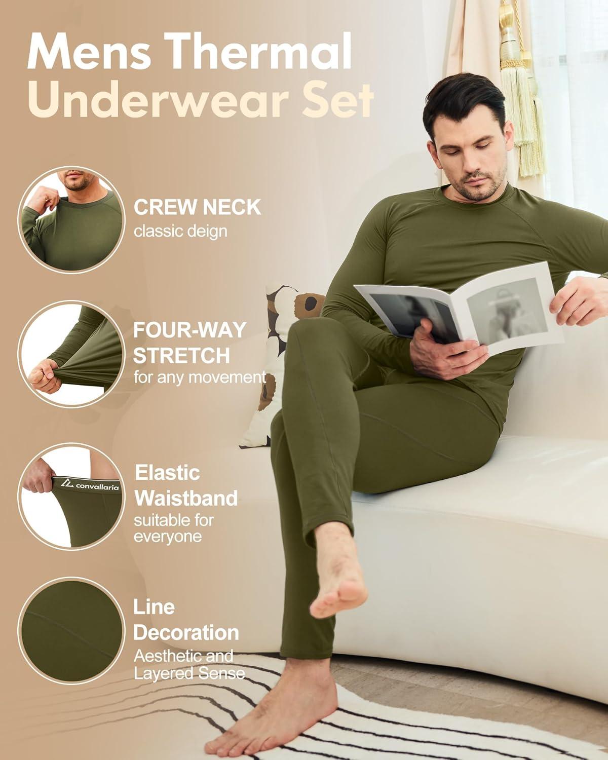 imageCL convallaria Thermal Underwear for Men Long Johns Fleece Lined Hunting Gear Set Base Layer for Cold Weather XS4XLMidweightcrew Neckgreen