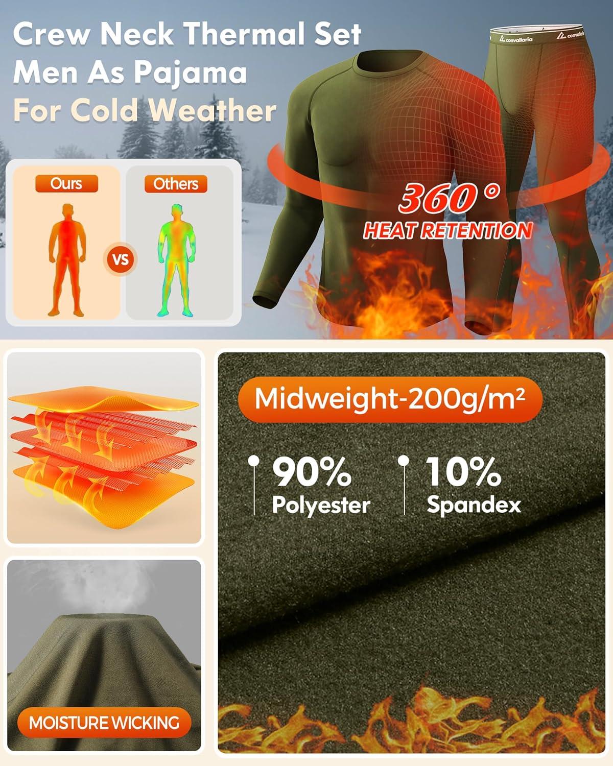 imageCL convallaria Thermal Underwear for Men Long Johns Fleece Lined Hunting Gear Set Base Layer for Cold Weather XS4XLMidweightcrew Neckgreen