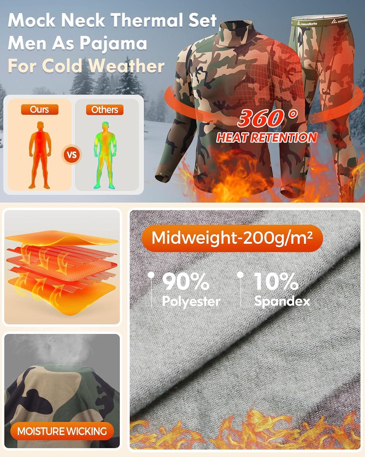 imageCL convallaria Thermal Underwear for Men Long Johns Fleece Lined Hunting Gear Set Base Layer for Cold Weather XS4XLMidweightturtle Neckcamo