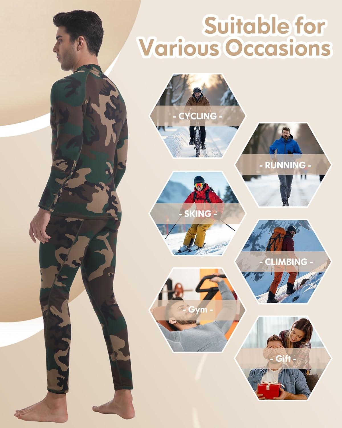 imageCL convallaria Thermal Underwear for Men Long Johns Fleece Lined Hunting Gear Set Base Layer for Cold Weather XS4XLMidweightturtle Neckcamo