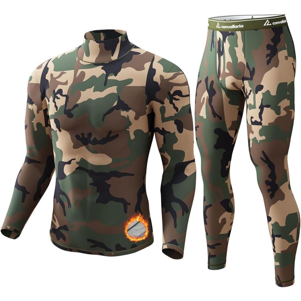 imageCL convallaria Long Johns Thermal Underwear for Men Soft Fleece Lined Base Layer Cold Weather Top Bottom Gift SetMidweightturtle Neckcamo