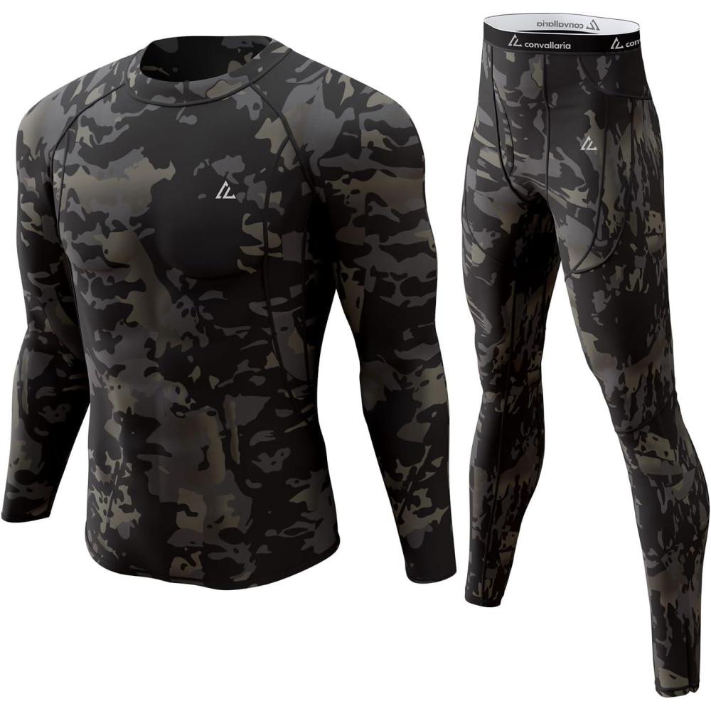 imageCL convallaria Mens Thermal Underwear Set with Fly Long Johns Base Layer Winter Hunting Gear Sport Top and BottomAcamo Black