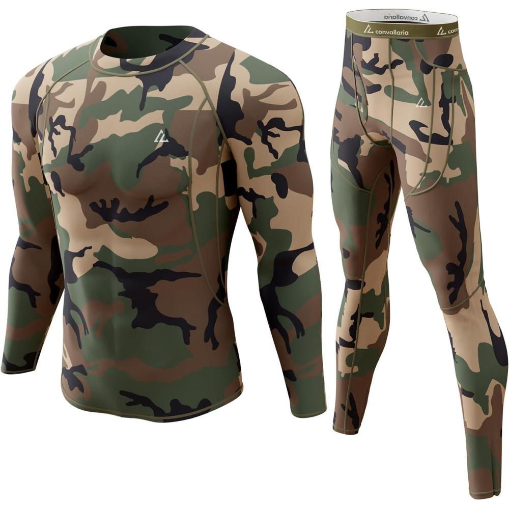 imageCL convallaria Mens Thermal Underwear Set with Fly Long Johns Base Layer Winter Hunting Gear Sport Top and BottomAcamo Green