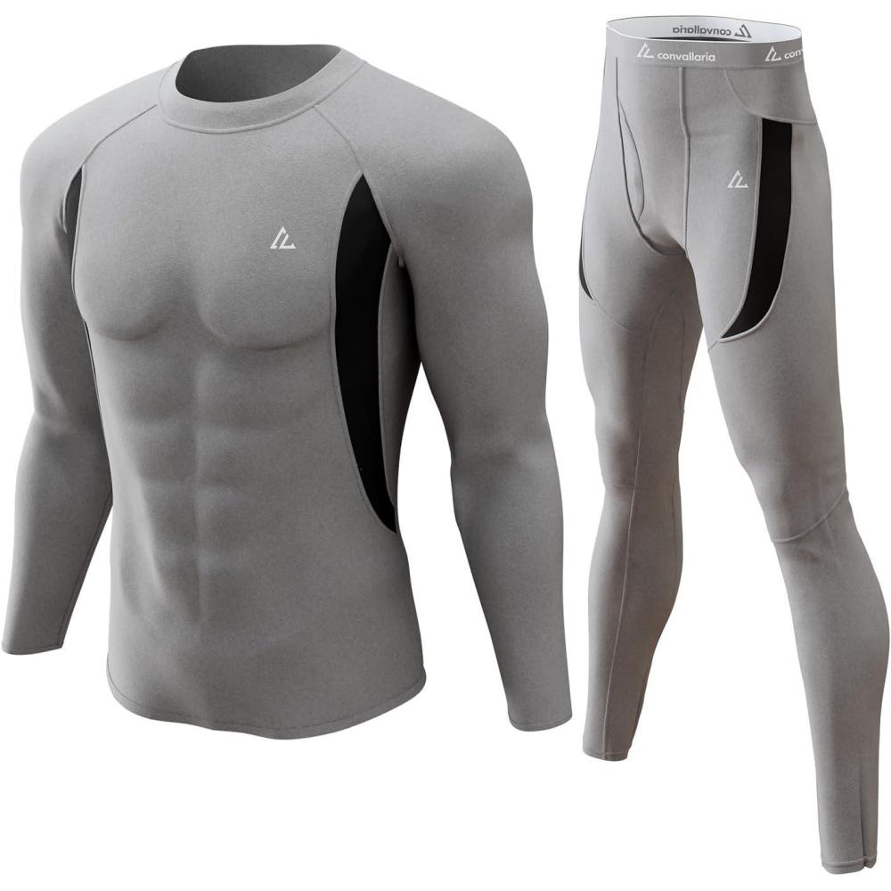 imageCL convallaria Mens Thermal Underwear Set with Fly Long Johns Base Layer Winter Hunting Gear Sport Top and BottomAgrey