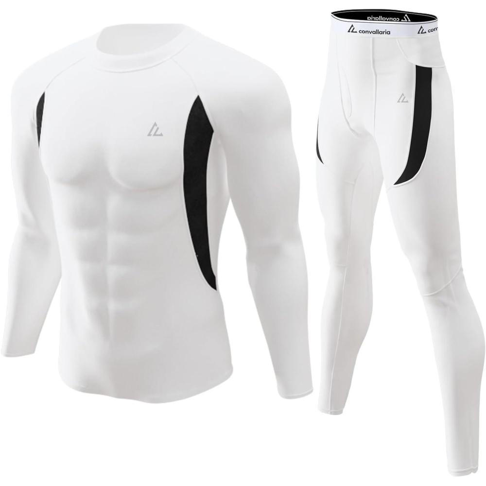 imageCL convallaria Mens Thermal Underwear Set with Fly Long Johns Base Layer Winter Hunting Gear Sport Top and BottomAwhite
