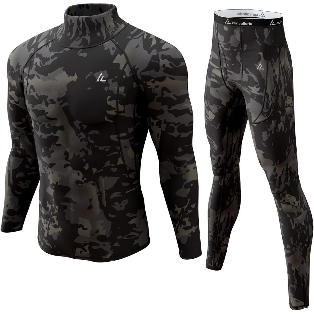 imageCL convallaria Mens Thermal Underwear Set with Fly Long Johns Base Layer Winter Hunting Gear Sport Top and BottomBcamo Black