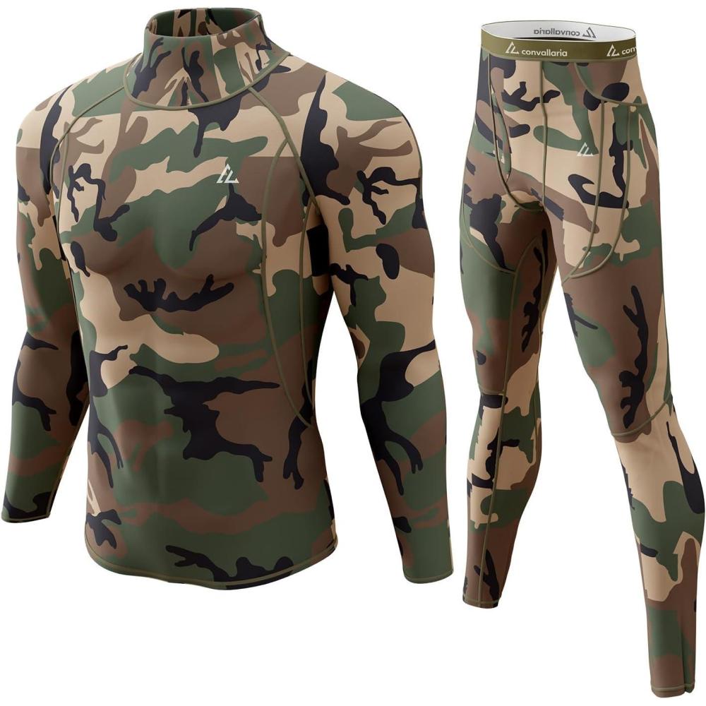 imageCL convallaria Mens Thermal Underwear Set with Fly Long Johns Base Layer Winter Hunting Gear Sport Top and BottomBcamo Green