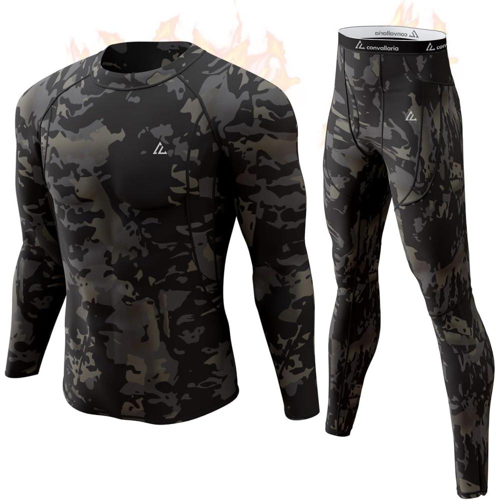 imageCL convallaria Mens Thermal Underwear Set with Fly Long Johns Base Layer Winter Hunting Gear Sport Top and BottomCcamo Black