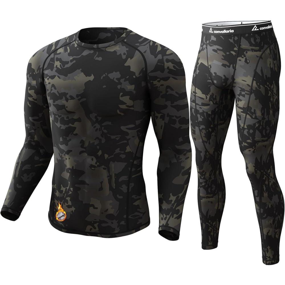 imageCL convallaria Thermal Underwear for Men Long Johns Fleece Lined Hunting Gear Set Base Layer for Cold Weather XS4XLMidweightcrew Neckcamo Black