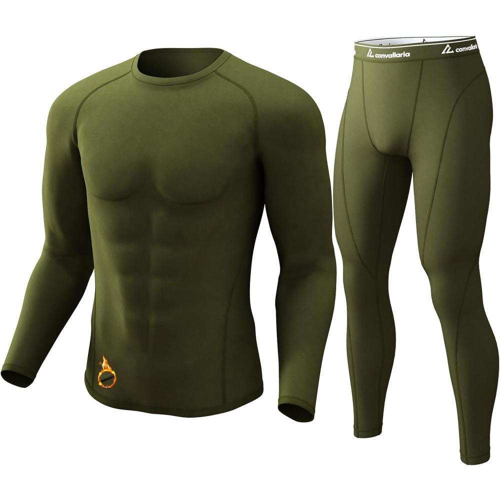 imageCL convallaria Thermal Underwear for Men Long Johns Fleece Lined Hunting Gear Set Base Layer for Cold Weather XS4XLMidweightcrew Neckgreen