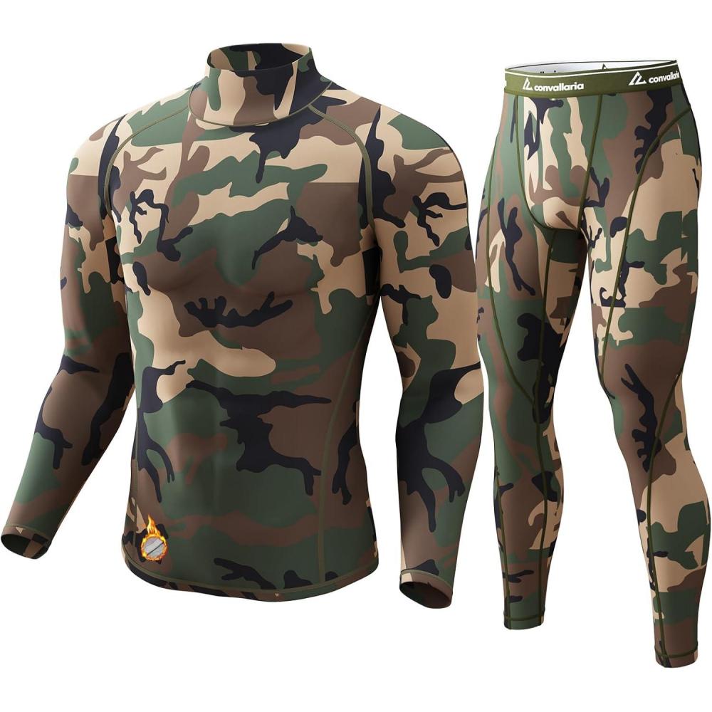 imageCL convallaria Thermal Underwear for Men Long Johns Fleece Lined Hunting Gear Set Base Layer for Cold Weather XS4XLMidweightturtle Neckcamo
