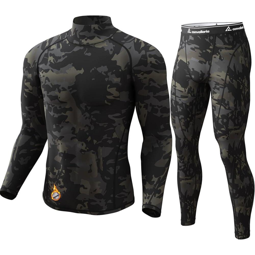 imageCL convallaria Thermal Underwear for Men Long Johns Fleece Lined Hunting Gear Set Base Layer for Cold Weather XS4XLMidweightturtle Neckcamo Black