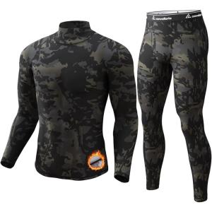 CL convallaria Long Johns Thermal Underwear for Men Soft Fleece Lined Base Layer Cold Weather Top Bottom Gift Set(Midweight-turtle Neck-camo Black)