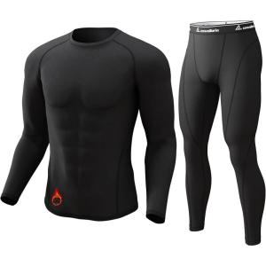 CL convallaria Thermal Underwear for Men Long Johns Fleece Lined Hunting Gear Set Base Layer for Cold Weather XS-4XL(Heavyweight-crew Neck-black)