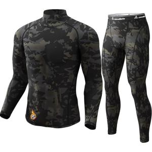 CL convallaria Thermal Underwear for Men Long Johns Fleece Lined Hunting Gear Set Base Layer for Cold Weather XS-4XL(Midweight-turtle Neck-camo Black)
